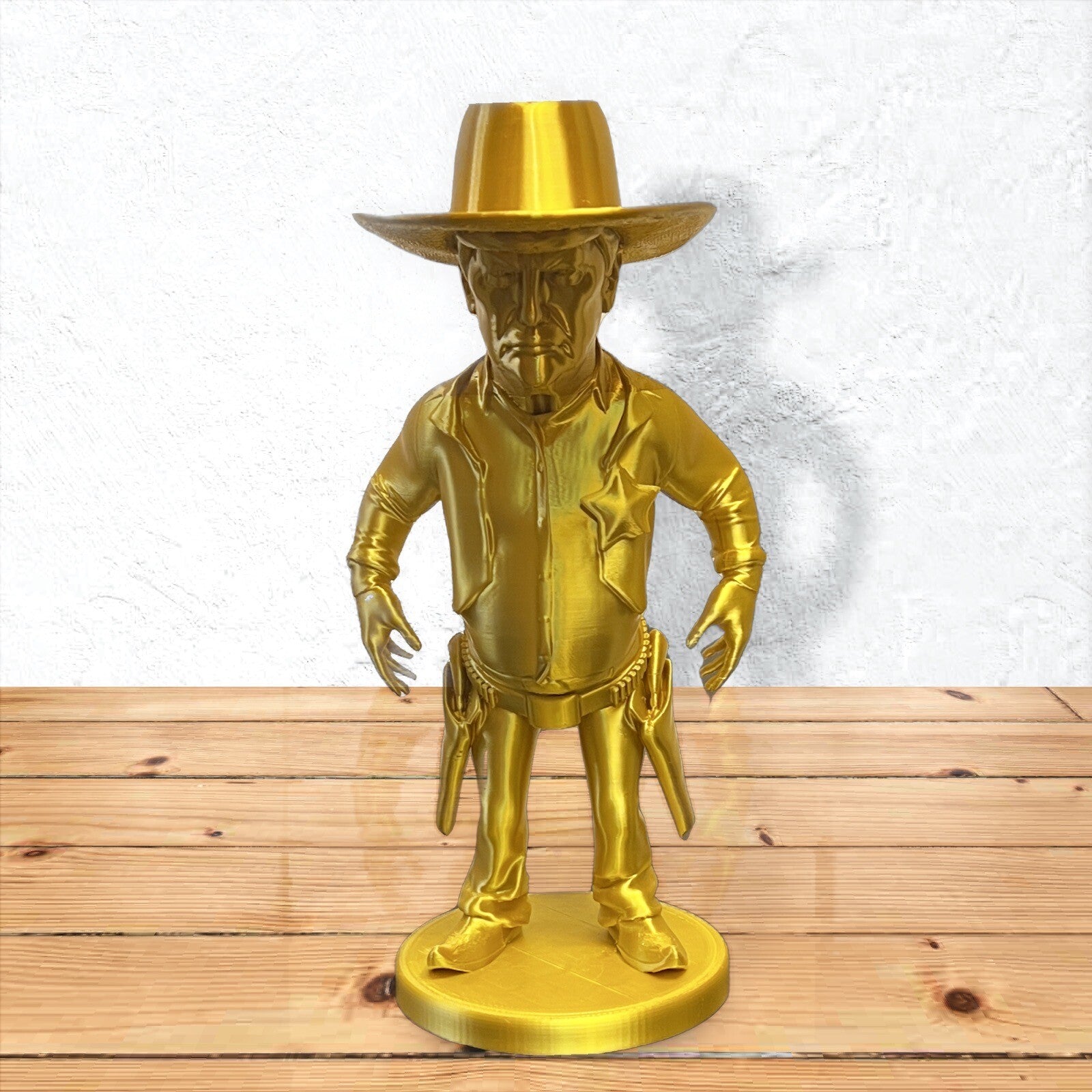 Golden Sheriff Donald Trump – 250mm Tall 3D Printed Figurine with Six-Shooters & Bullets