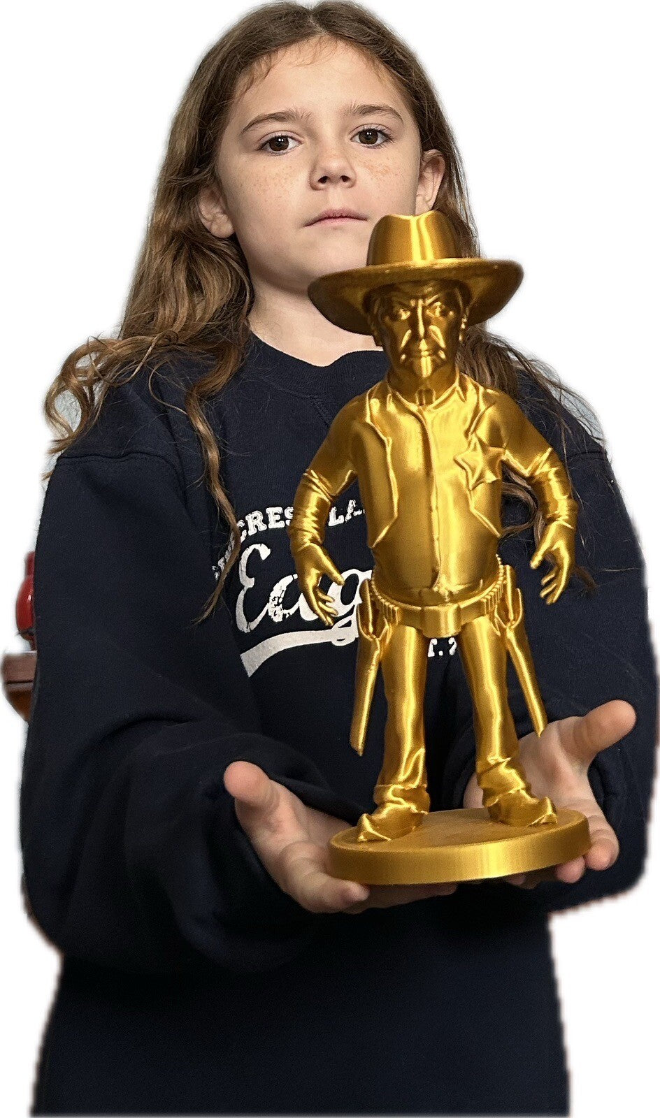 Golden Sheriff Donald Trump – 250mm Tall 3D Printed Figurine with Six-Shooters & Bullets