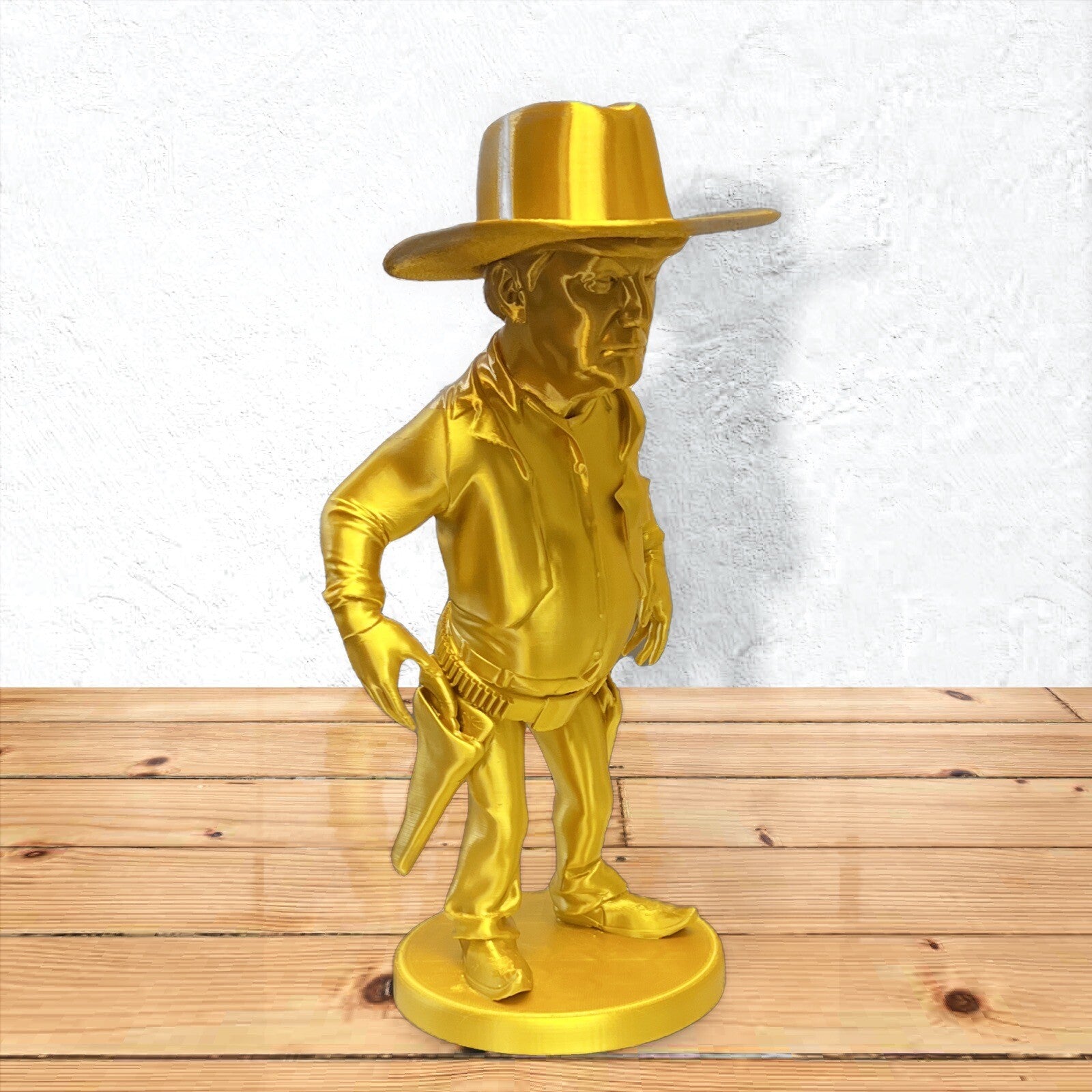 Golden Sheriff Donald Trump – 250mm Tall 3D Printed Figurine with Six-Shooters & Bullets